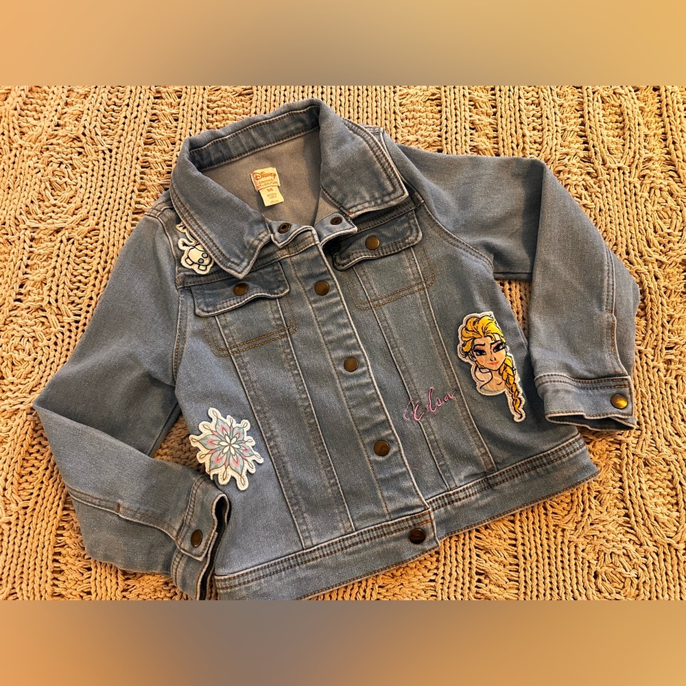 Girls Disney Light Blue Jean Jacket with Elsa and Snowflake Patches
